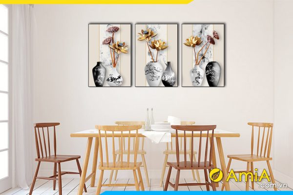 Hình ảnh Bộ tranh bình hoa sen vàng treo tường phòng ăn đẹp phong thủy AmiA 1889