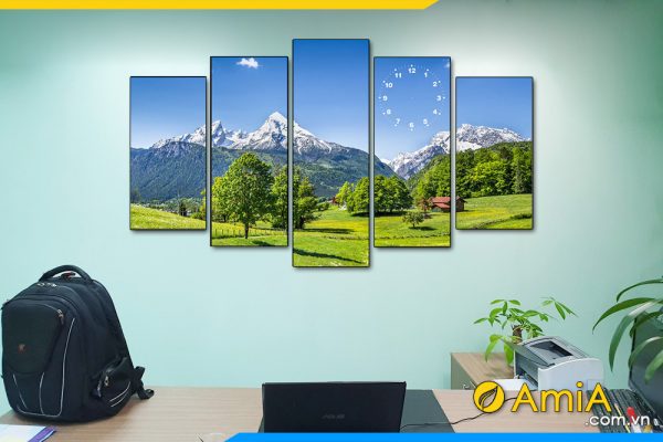 Hình ảnh Bộ tranh treo tường phòng làm việc phong cảnh núi thảo nguyên xanh AmiA 1058