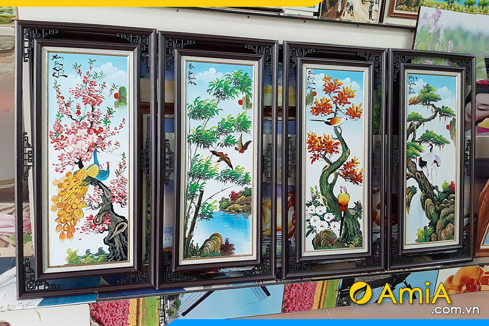 Hình ảnh Bộ tranh tứ quý bốn mùa Tùng Cúc Trúc Đào vẽ sơn dầu AmiA TSD 502