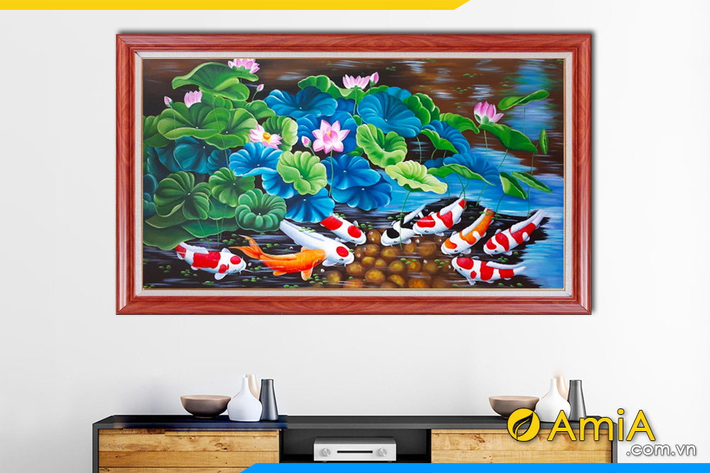 Hình ảnh Bức tranh sơn dầu cá chép hoa sen đẹp sang trọng AmiA TSD 389
