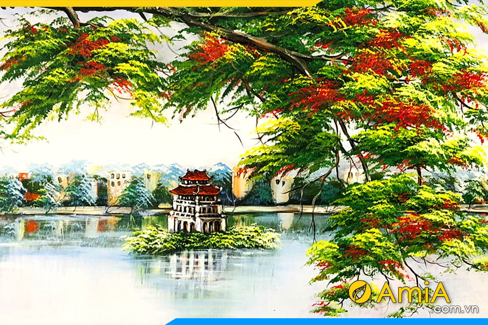 Tranh Hồ Gươm bức tranh sơn dầu phong cảnh hồ Gươm đẹp
