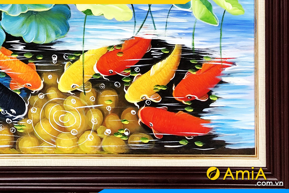 Hình ảnh Tranh sơn dầu cá chép cửu ngư quần hội lên khung đẹp AmiA TSD 389