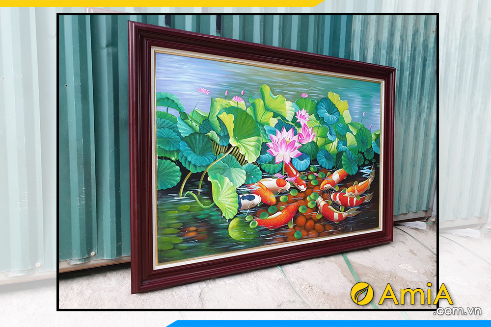Hình ảnh Tranh sơn dầu cá chép hoa sen treo tường đẹp AmiA TSD 216