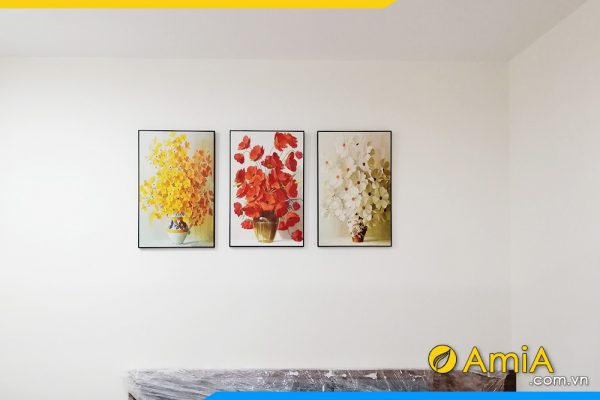 Hình ảnh Bộ tranh hoa 3 tấm treo tường phòng khách đẹp hiện đại AmiA 1401