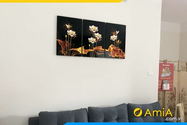hình ảnh Bộ tranh phòng khách hoa sen vàng 3D in ép gỗ AmiA 1622