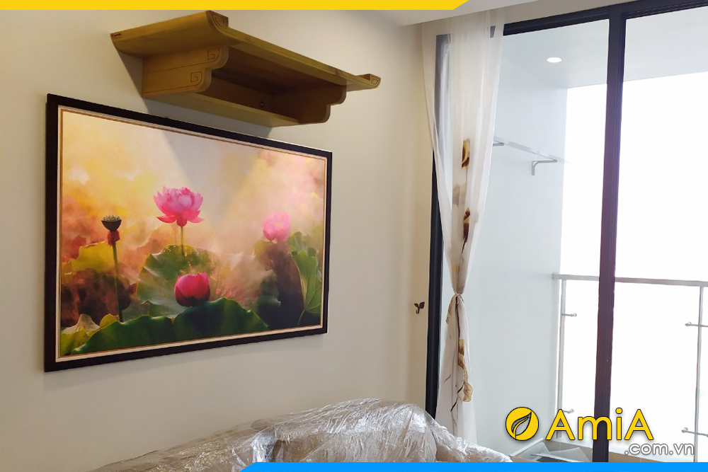 hình ảnh Bộ tranh phòng khách treo tường hoa sen in ép gỗ AmiA 929