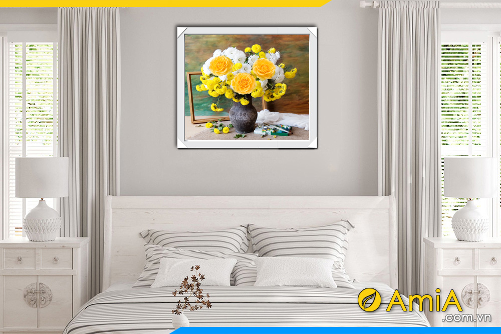 Hình ảnh Bức tranh hoa hồng vàng đẹp nghệ thuật treo phòng ngủ AmiA 1578