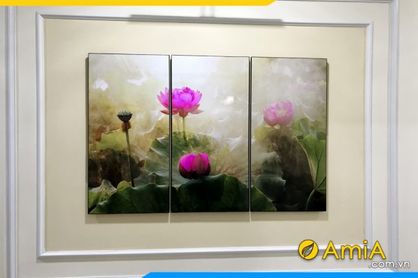 hình ảnh Bức tranh phòng khách treo tường hoa sen 3 tấm AmiA 929