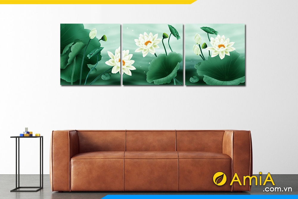 hình ảnh Tranh treo tường phòng khách hoa sen 3 tấm đẹp nhất AmiA 1102