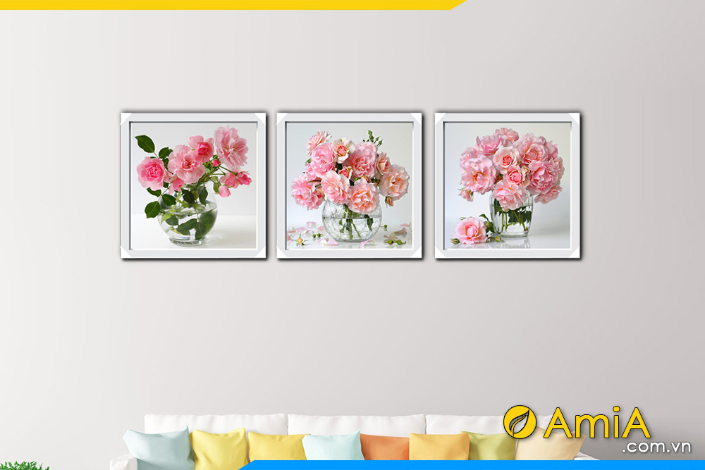 Hình ảnh Tranh bình hoa hồng đẹp nghệ thuật ghép 3 tấm cho phòng khách AmiA 1570