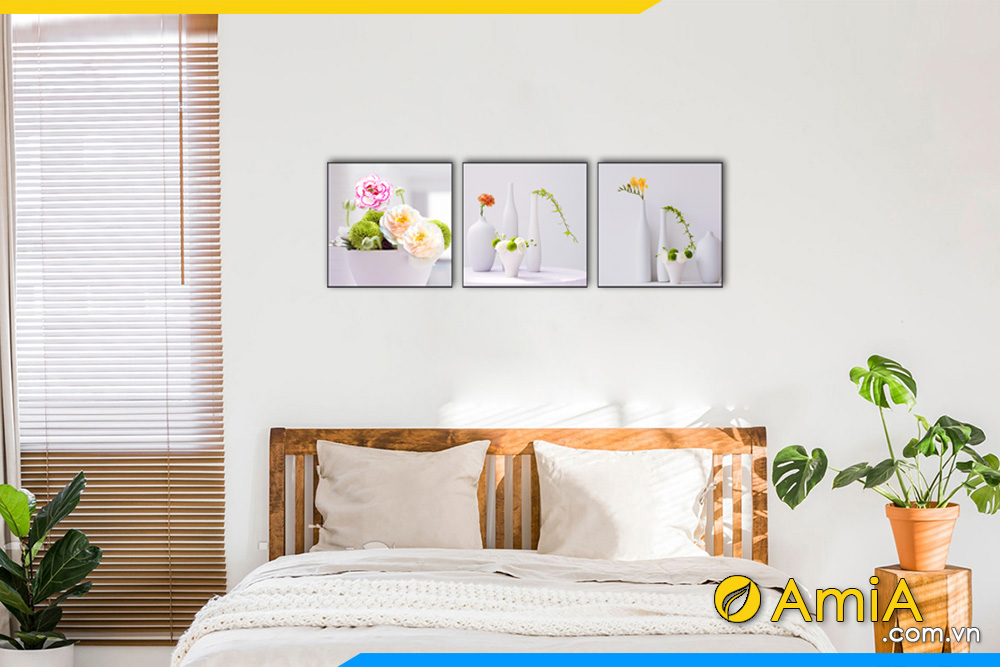Hình ảnh Tranh bình hoa trắng 3 tấm trang trí phòng ngủ đẹp AmiA 1319
