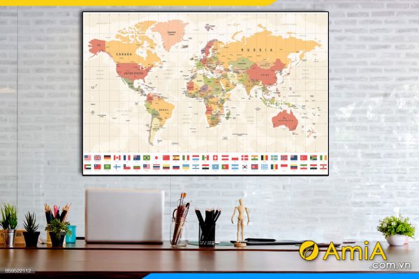 Hình ảnh Tranh bản đồ thế giới treo tường phòng làm việc đẹp AmiA 1955