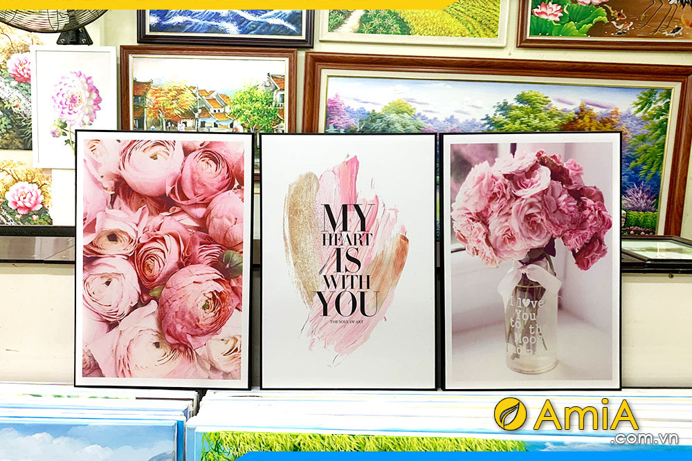 Hình ảnh Tranh treo tường hoa hồng Pháp ghép bộ 3 tấm AmiA 2108