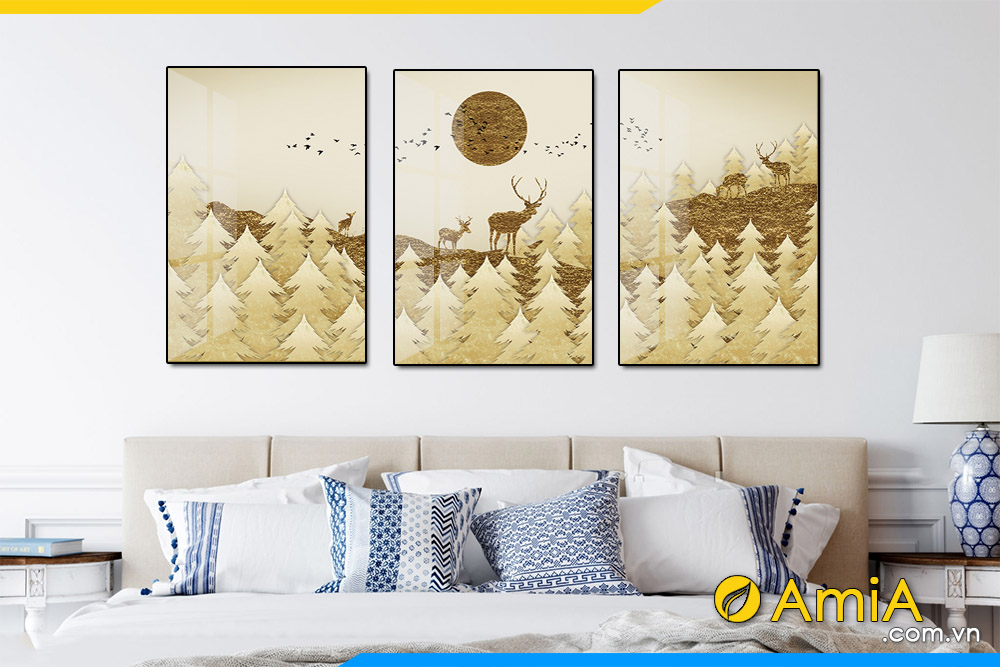 bộ tranh canvas hươu và rừng vàng treo phòng ngủ