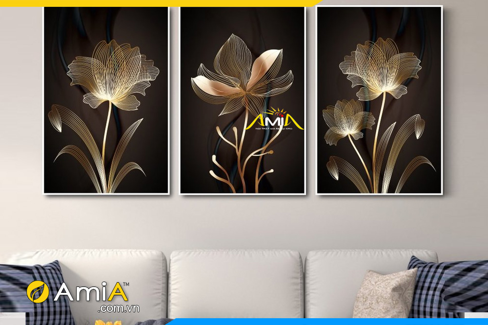 Tranh bộ canvas hoa hiện đại treo tường phòng khách đẹp ghép bộ 3 tấm Amia 2156