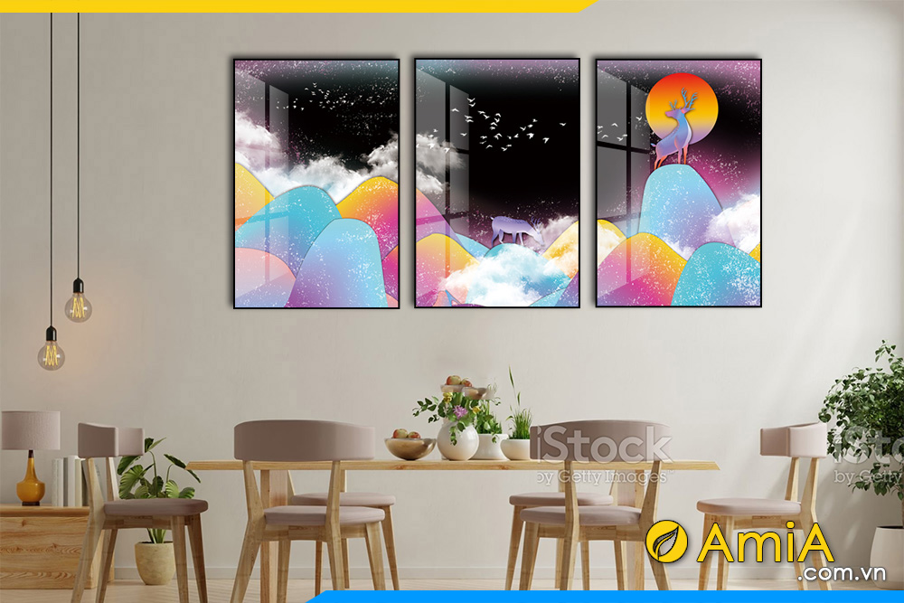 Hình ảnh Tranh bộ canvas trừu tượng 3 tấm sắc màu treo phòng ăn AmiA BO3CV 023