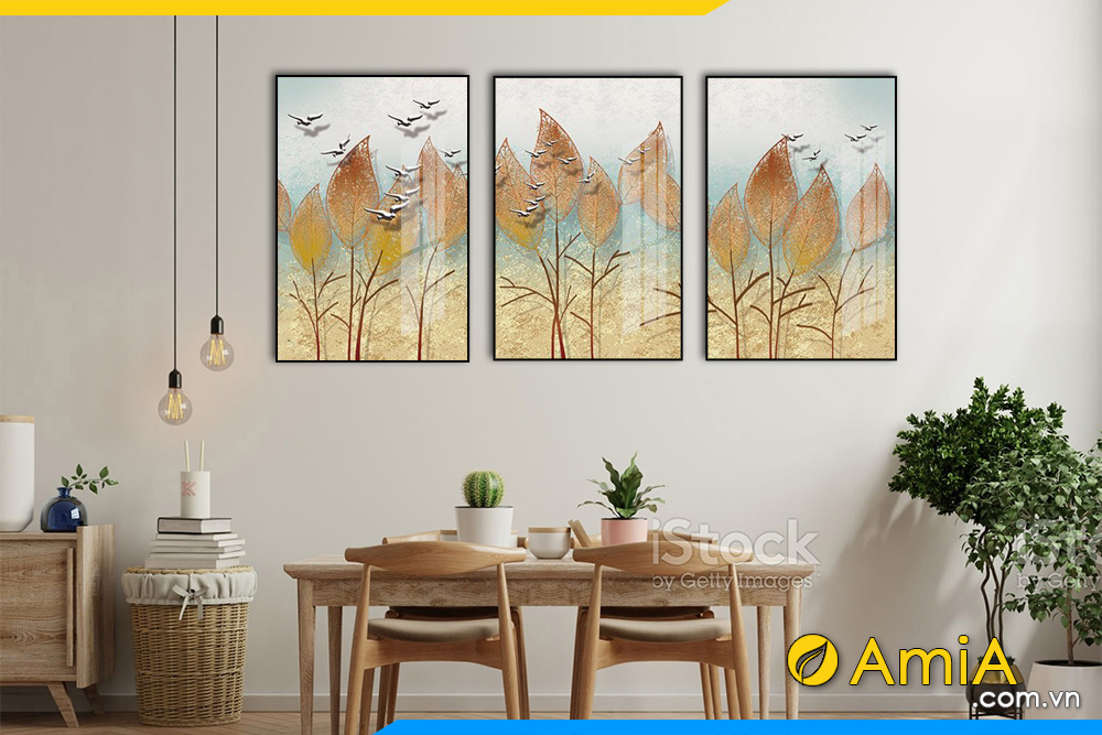 Hình ảnh Tranh treo tường canvas 3 tấm lá cây mạ vàng AmiA BO3CV 024