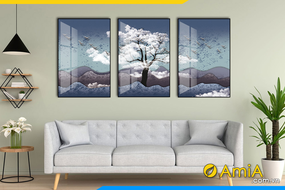Hình ảnh Tranh trừu tượng canvas 3 tấm cây và đàn chim AmiA BO3CV 038