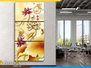 Hình ảnh Tranh bộ hoa sen vàng khổ dọc treo văn phòng làm việc AmiA 2188