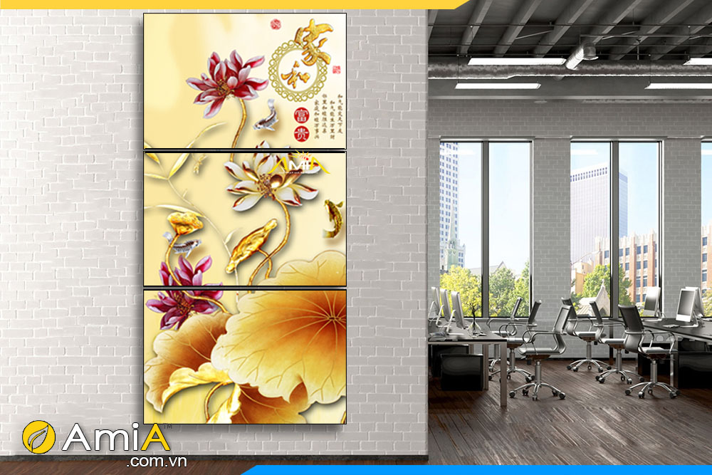 Hình ảnh Tranh bộ hoa sen vàng khổ dọc treo văn phòng làm việc AmiA 2188