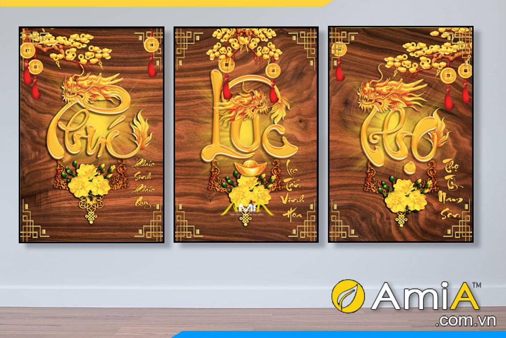 Bộ 3 tranh canvas phúc lộc thọ màu vàng sang trọng AmiA 2301