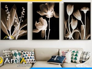 Bộ 3 tranh treo tường in gỗ bông hoa đẹp AmiA 2320