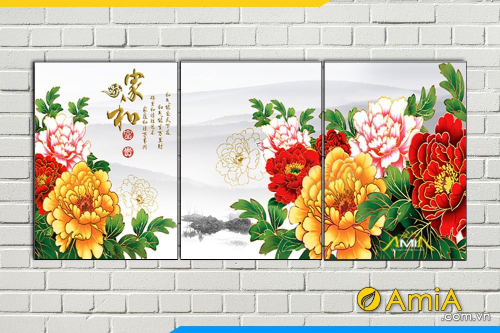 Hình ảnh Bộ tranh hoa mẫu đơn treo tường 9 bông đẹp AmiA 2327
