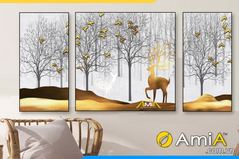 tranh canvas rừng cây hươu vàng châu Âu AmiA 2315