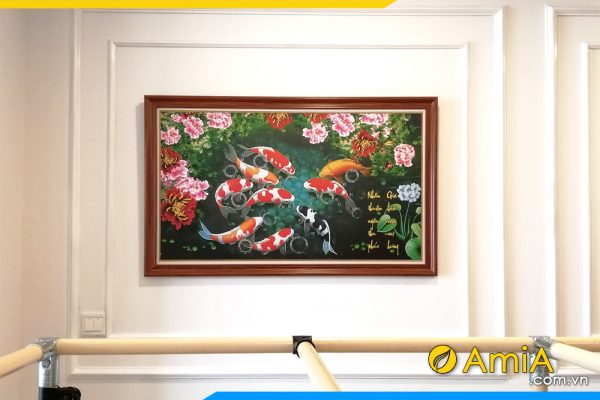 Bức tranh in ép gỗ cá chép hoa mẫu đơn AmiA 2379