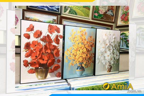 Hình ảnh thực tế bộ 3 tranh canvas hoa đẹp AmiA 2382