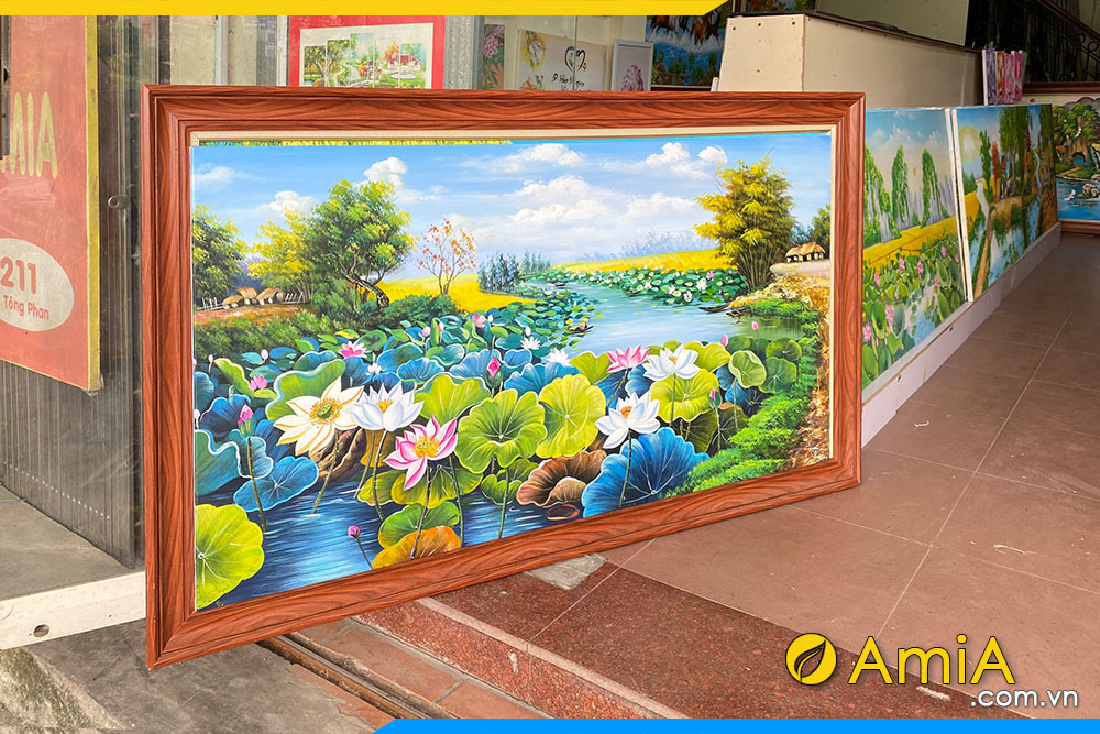 Hình ảnh Tranh đẹp vẽ sơn dầu phong cảnh hồ sen quê hương AmiA TSD 656