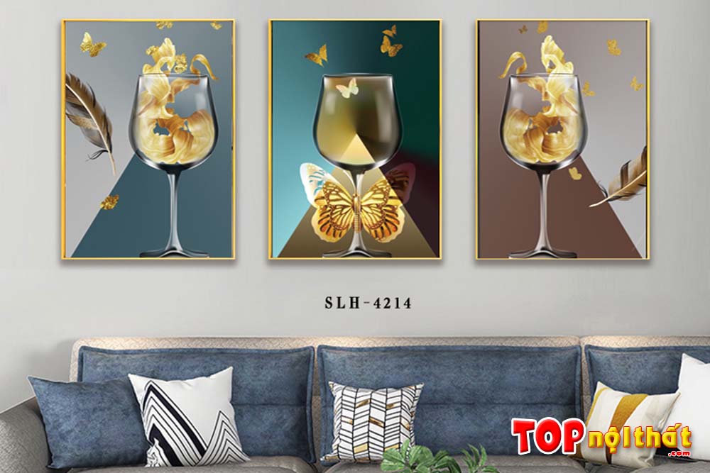 tranh tráng gương ly rượu và bướm vàng sang trọng amia 2619