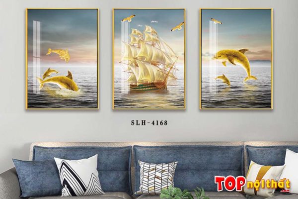 Bộ tranh thuyền vàng cá heo vàng tráng gương