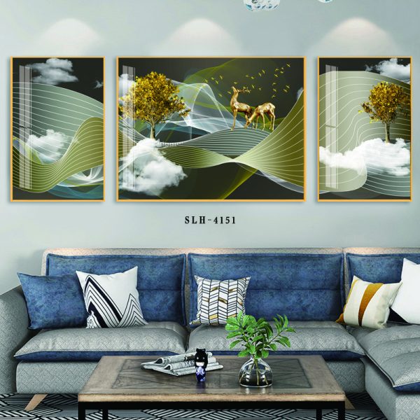Tranh tráng gương 3 tấm mây trắng, hươu, cây, đàn cò vàng AmiA SLH - 4151