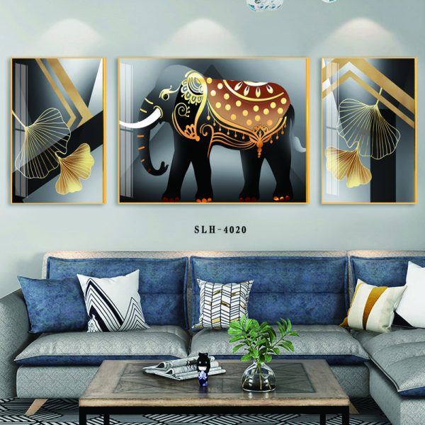 Bộ 3 bức tranh tráng gương chú voi và lá rẻ quạt AmiA SLH - 4020