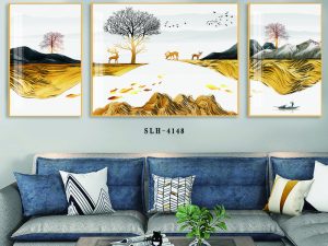 Tranh tráng gương núi vàng, hươu, cây, đàn cò 3 tấm hiện đại Amia SLH - 4148