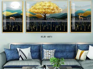 Tranh tráng gương đôi hươu và cây vàng AmiA SLH - 4071