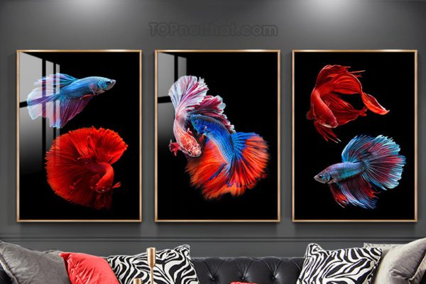 Tranh tráng gương cá màu sắc phòng khách 3 tấm AmiA 2919