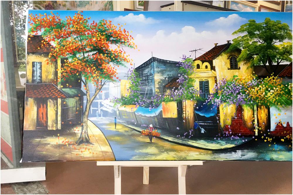 Ảnh chụp tranh Hà Nội vẽ sơn dầu mùa thu lá vàng đẹp