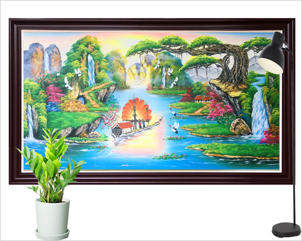 hinh anh tranh son thuy huu tinh ve tay len khung