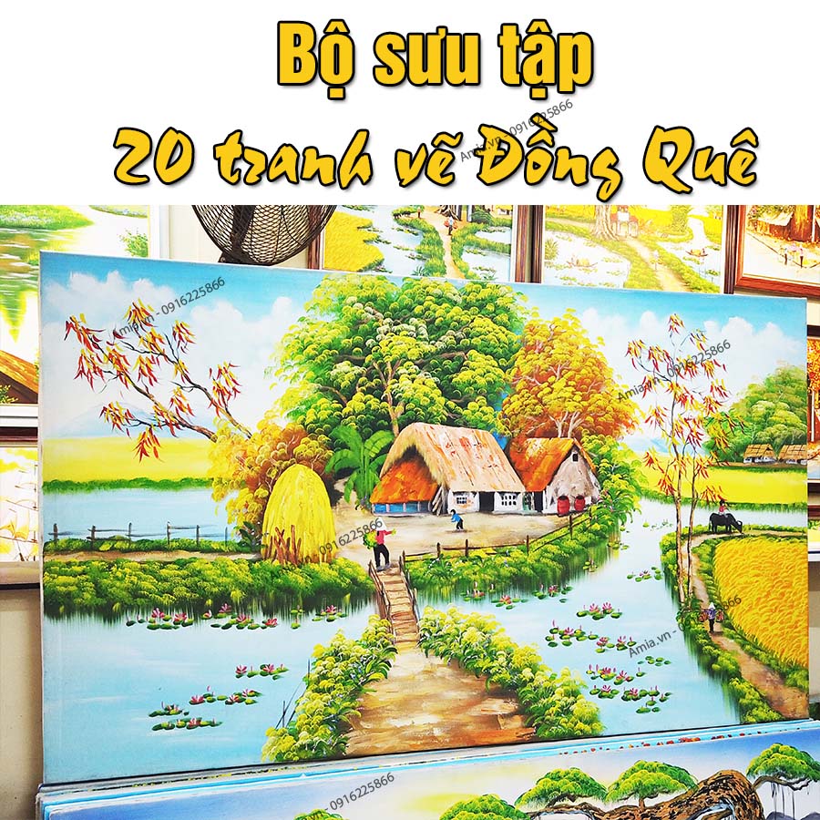 Bức tranh vẽ đồng quê có Một ngôi nhà giản dị vang rộn tiếng trẻ thơ, bình yên với mẹ hiền, một ngôi nhà tràn đầy sức sống, sự sinh sôi giữa cánh đồng được mùa. Đặt tranh 0916225866