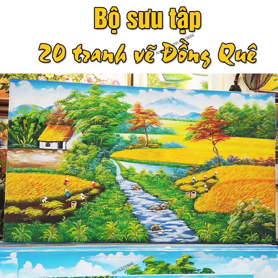 Bức tranh vẽ ngôi nhà bên suối vào ngày mùa, con suối nhỏ hiền hòa, cánh đồng lúa vàng ruộm, cây cối xanh tươi như chào đón những năng lượng tích cực nhất. Đặt tranh 0916225866