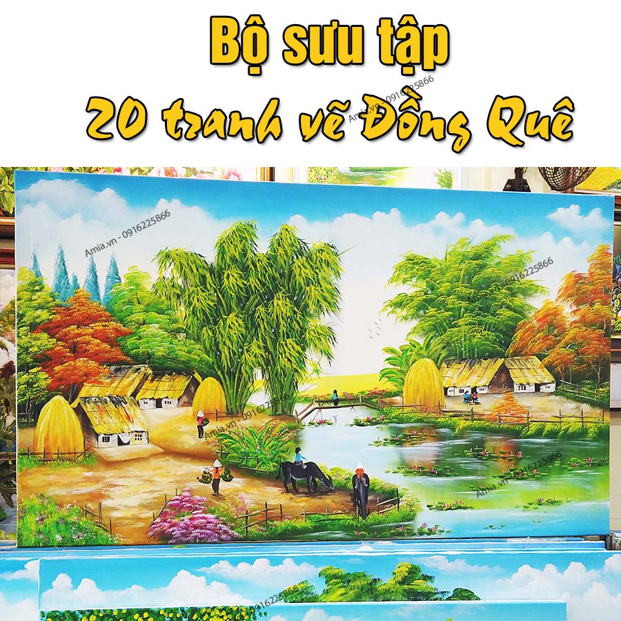 Bức tranh vẽ cảnh làng quê thanh bình với em bé chăn châu, mẹ hiền, chị đảm, những bụi tre đang độ xanh tốt, cuộc sống màu sắc vui nhộn. Đặt tranh 0916225866