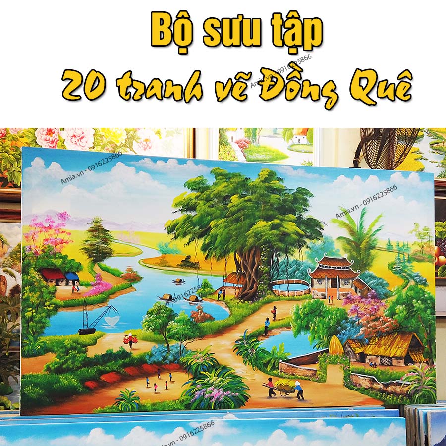 Bức tranh vẽ sơn dầu phong cảnh làng quê có cây đa, giếng nước, sân đình, có em bé chơi đá cầu, mẹ và chị chở thóc về, cuộc sống bình yên bên dòng sông quê. Đặt tranh 0916225866