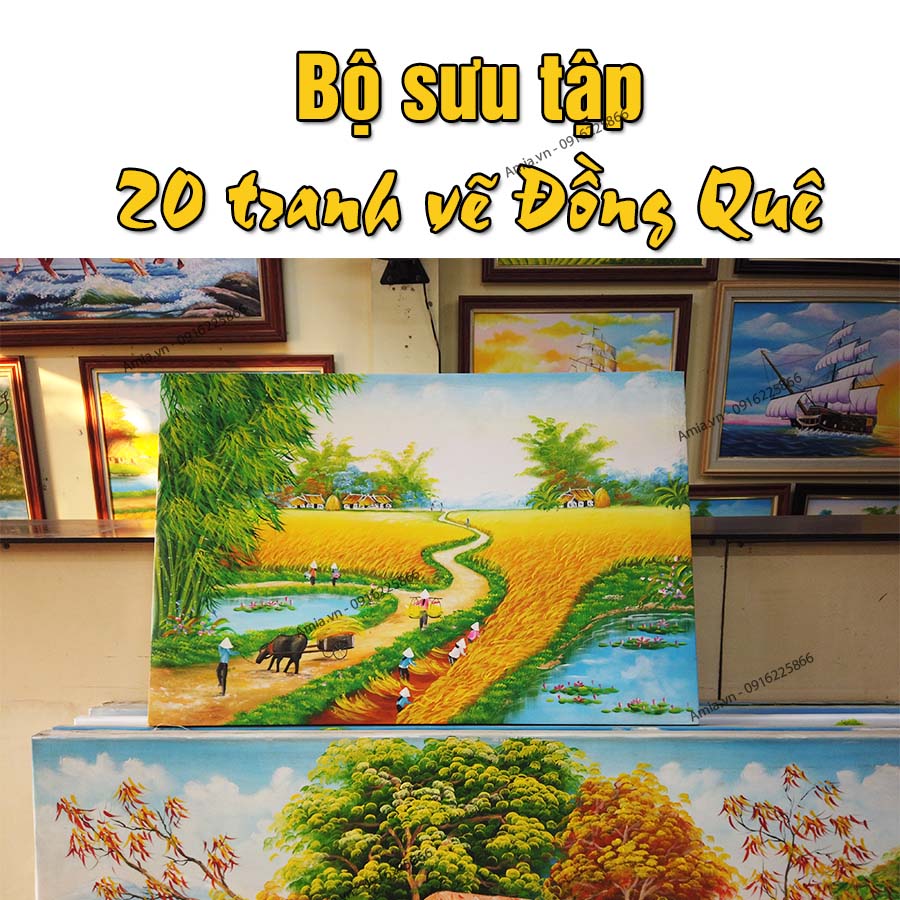 Tranh vẽ làng quê nhộn nhịp vào ngày mùa. Tranh có màu sắc tươi sáng, thu hút tài lộc và may mắn. Đặt tranh 0916225866