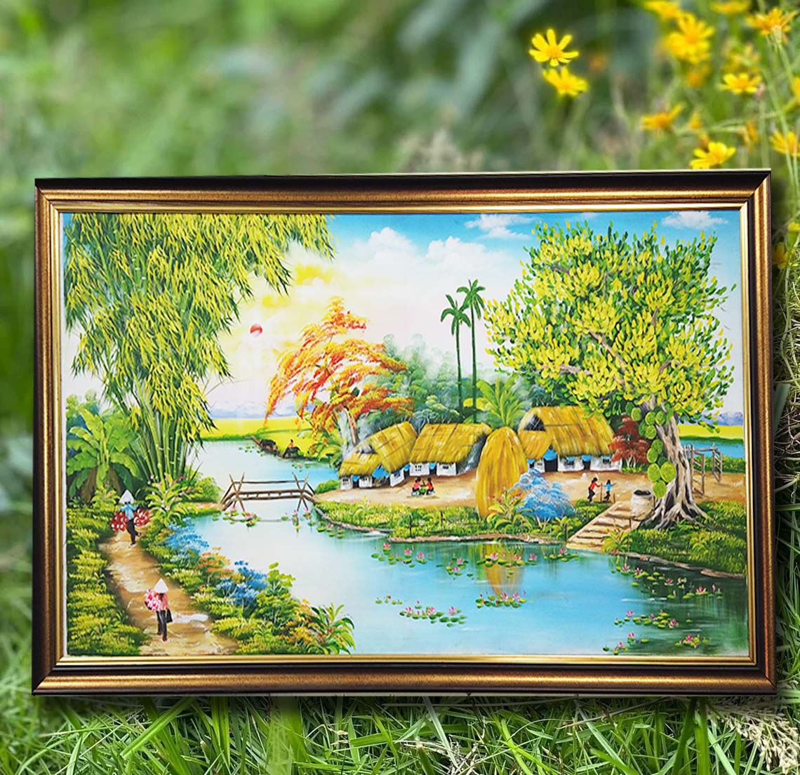 Tranh vẽ cảnh đồng quê với góc nhà, vườn mít. Đặt tranh 0916225866
