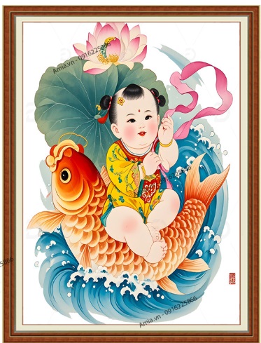Tranh Liên sinh quý tử em bé hoa sen, cá chép