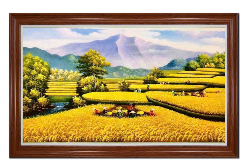 Một bức tranh vẽ cảnh đồng quê Việt Nam ngày mùa